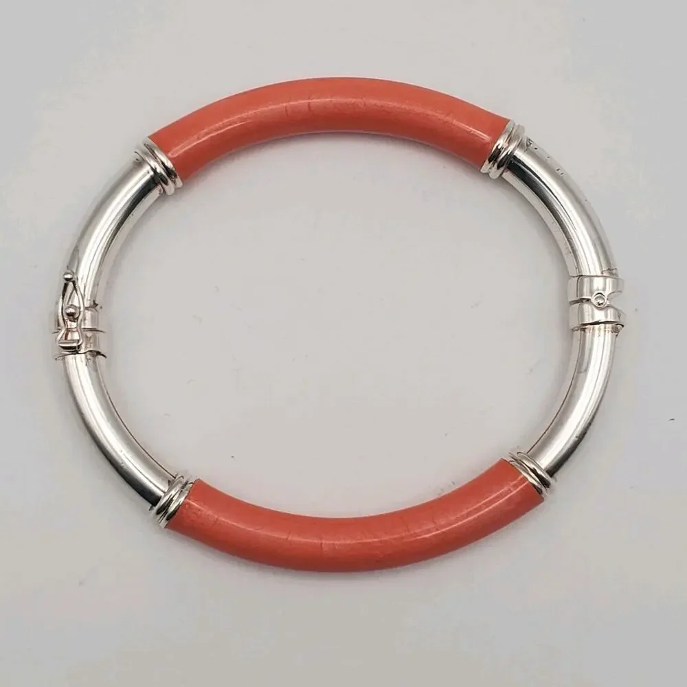 Milor Italy Sterling Silver 925 Orange Enamel Hinged Bangle Bracelet 6.75" - Picture 6 of 12